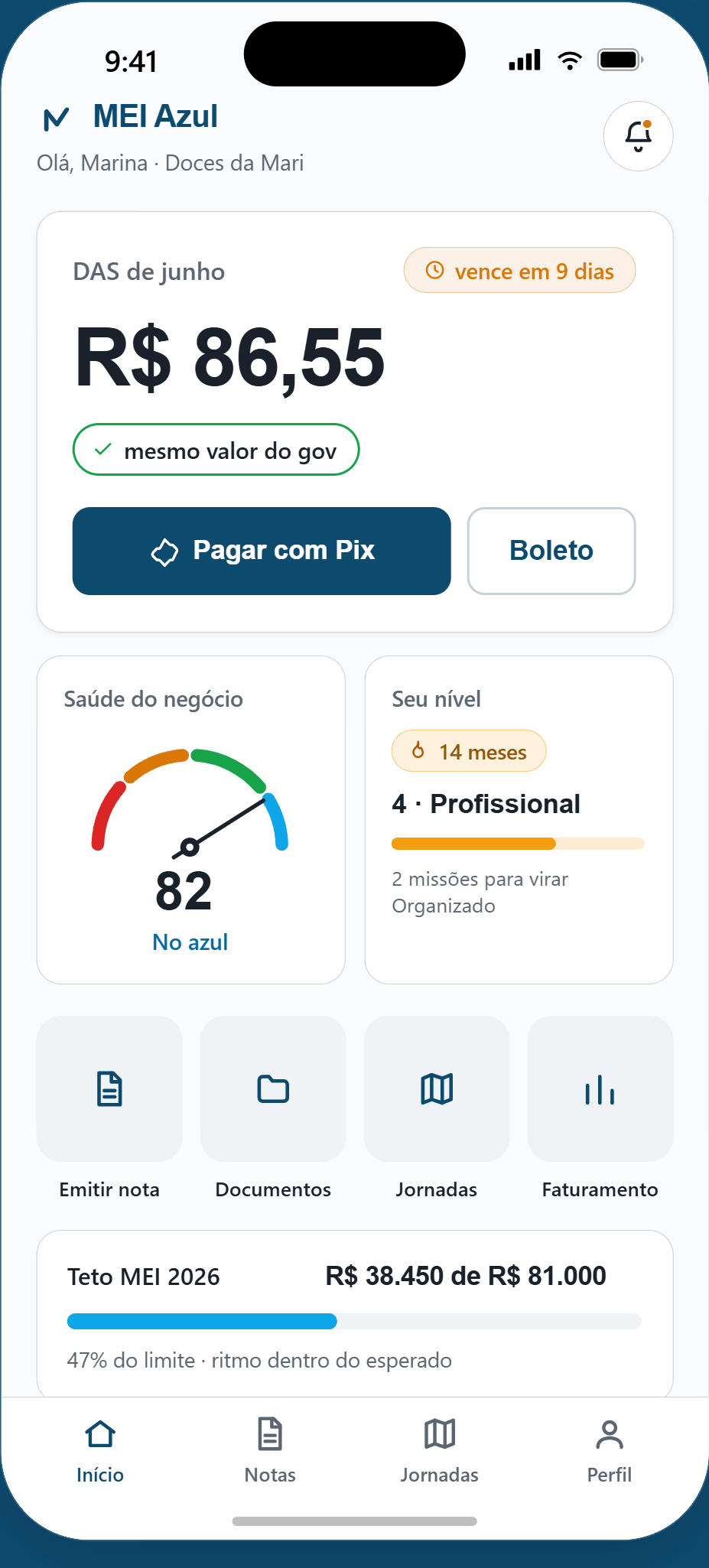 Tela inicial do app MEI Azul mostrando o DAS de junho
